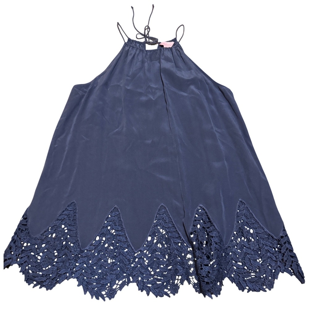 Lilly Pulitzer Diem True Navy Blue 100% Silk Crochet Lace Hem Halter Tank Top S